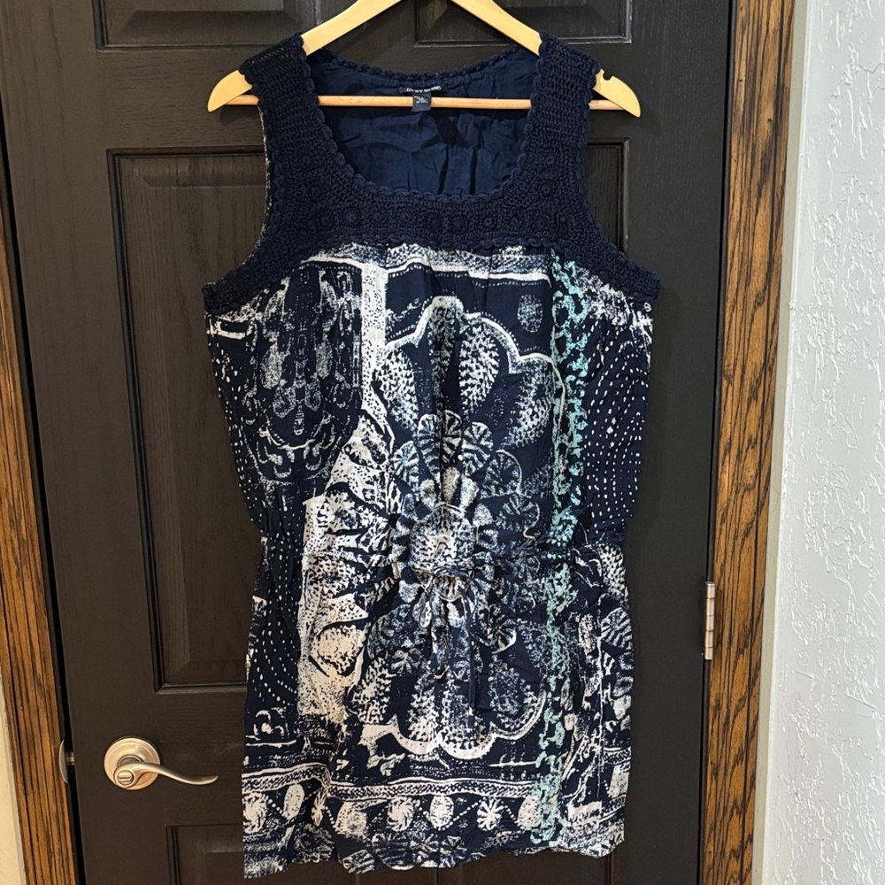 Lucky Brand Navy Blue and White Crochet-Trim Tank Dress